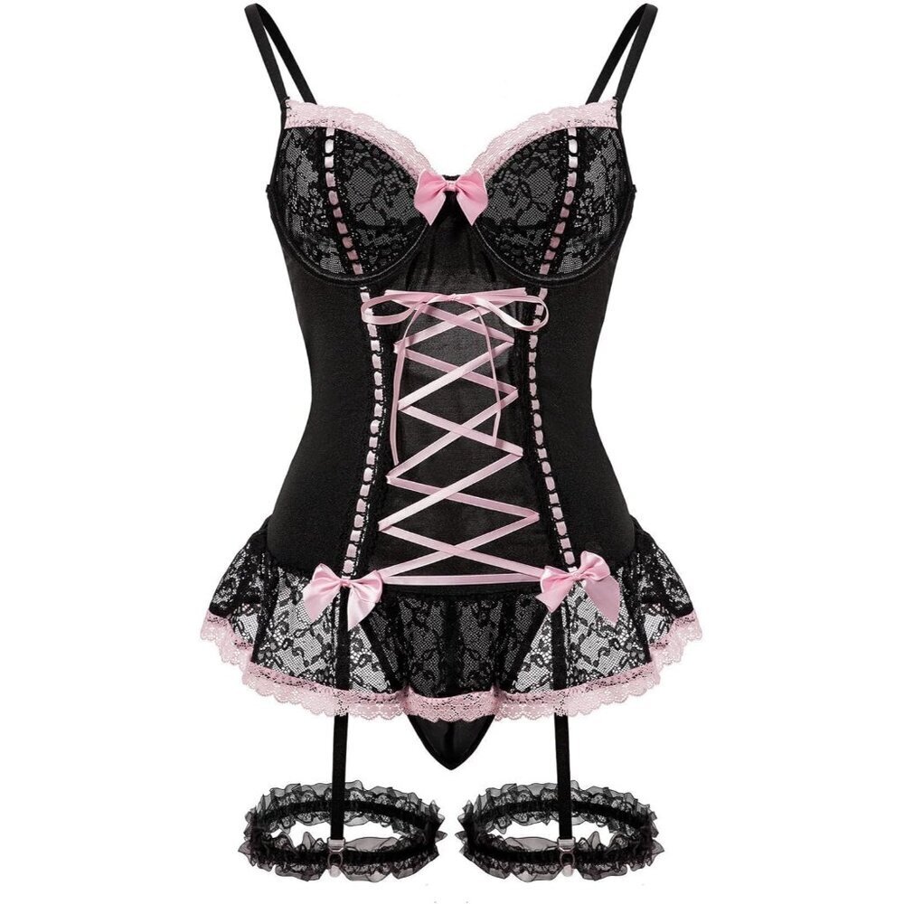 Sexy Mesh Corset Ruffle Lingerie Set 3 Piece Underwire Garter Babydoll - Picture 1 of 5